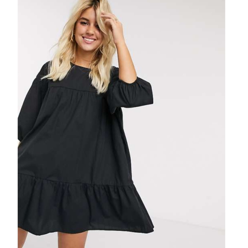 Pull & Bear Black Mini Cottagecore 3/4 Sleeve Smock Dress - Size L